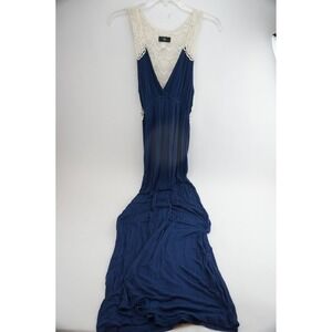 Aqua Maxi Dress Women Small Navy Blue Crochet Lace Back Sleeveless Excellent